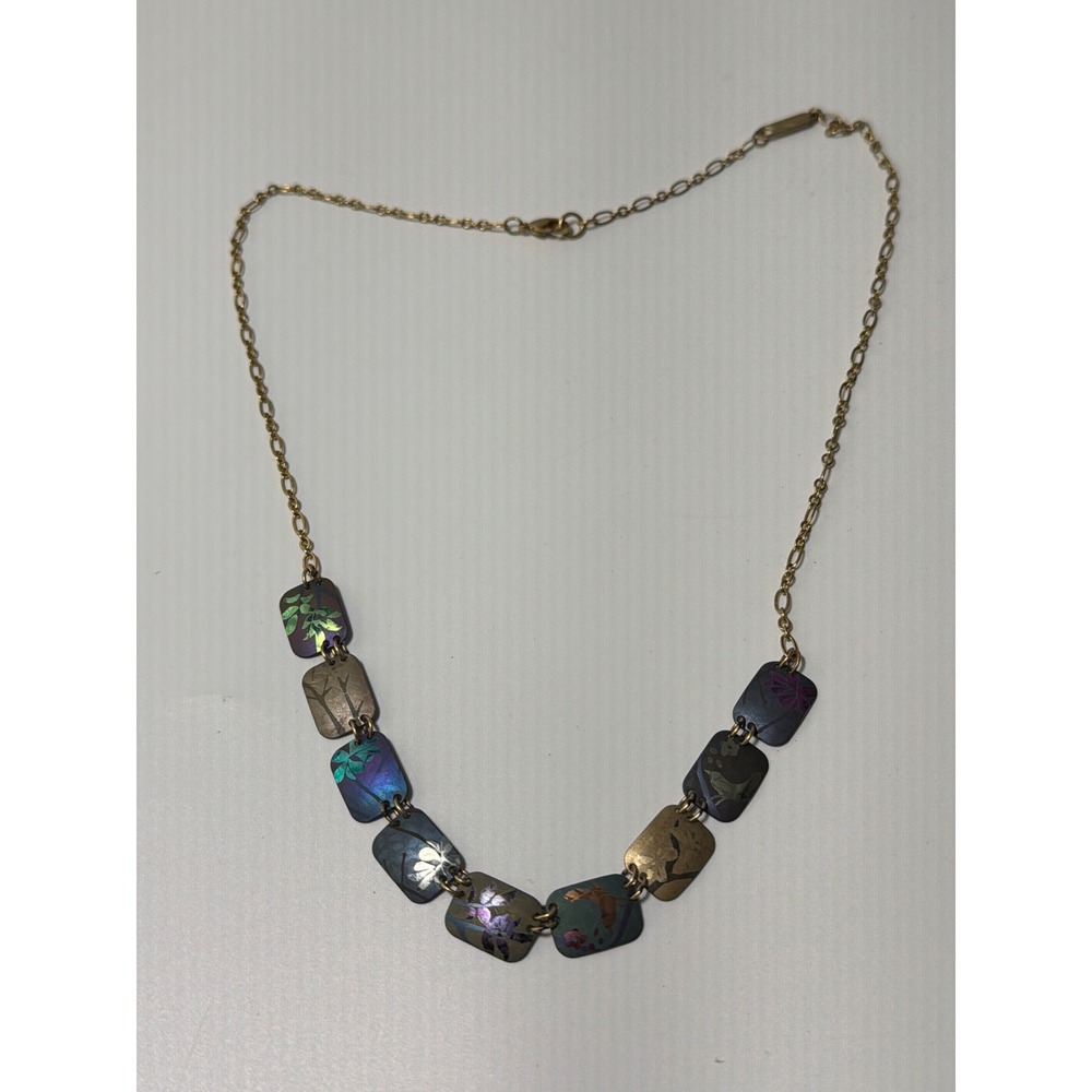 Holly Yashi Niobium Rectangle Station Necklace Multi Color Botanical Etched 19in